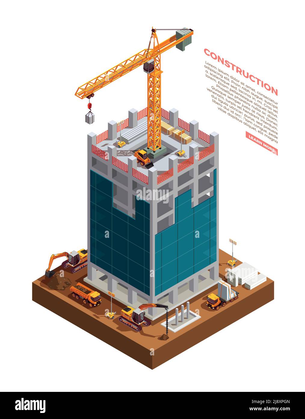 Construction equipment on building site of sky scraper from concrete and glass isometric composition vector illustration Stock Vector