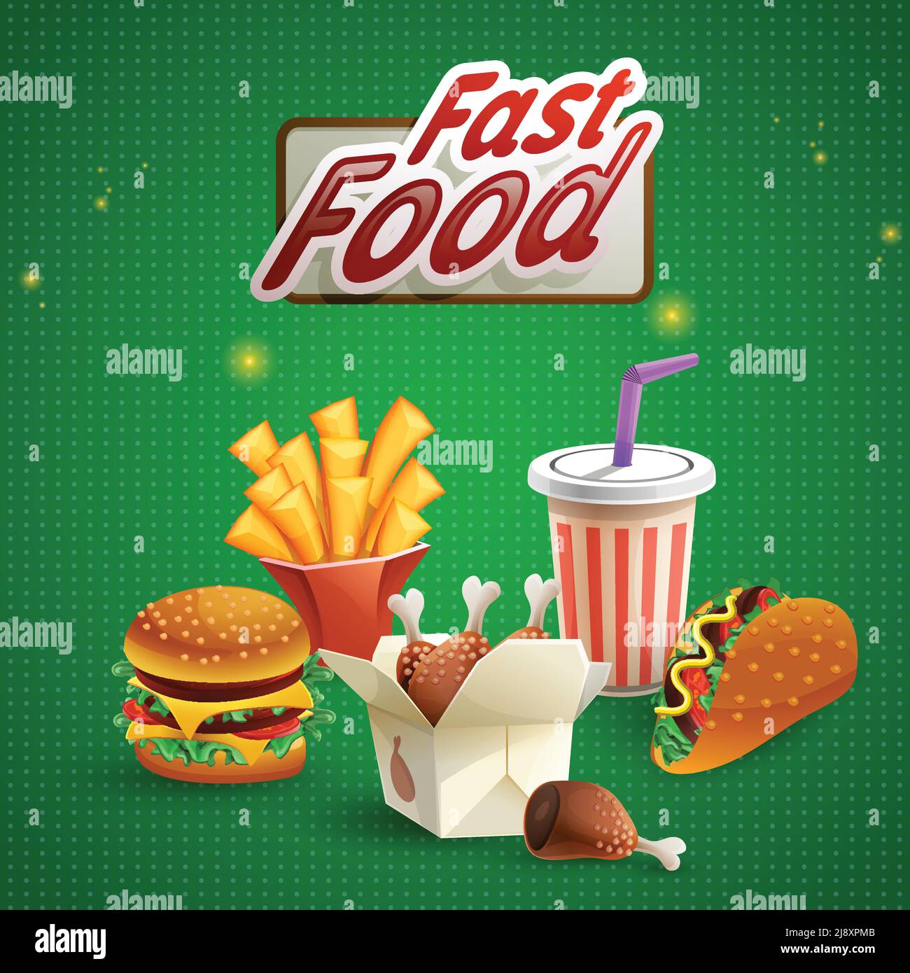 Fast food burger chicken french fries and glass of fizzy drink on green background cartoon vector illustration Stock Vector