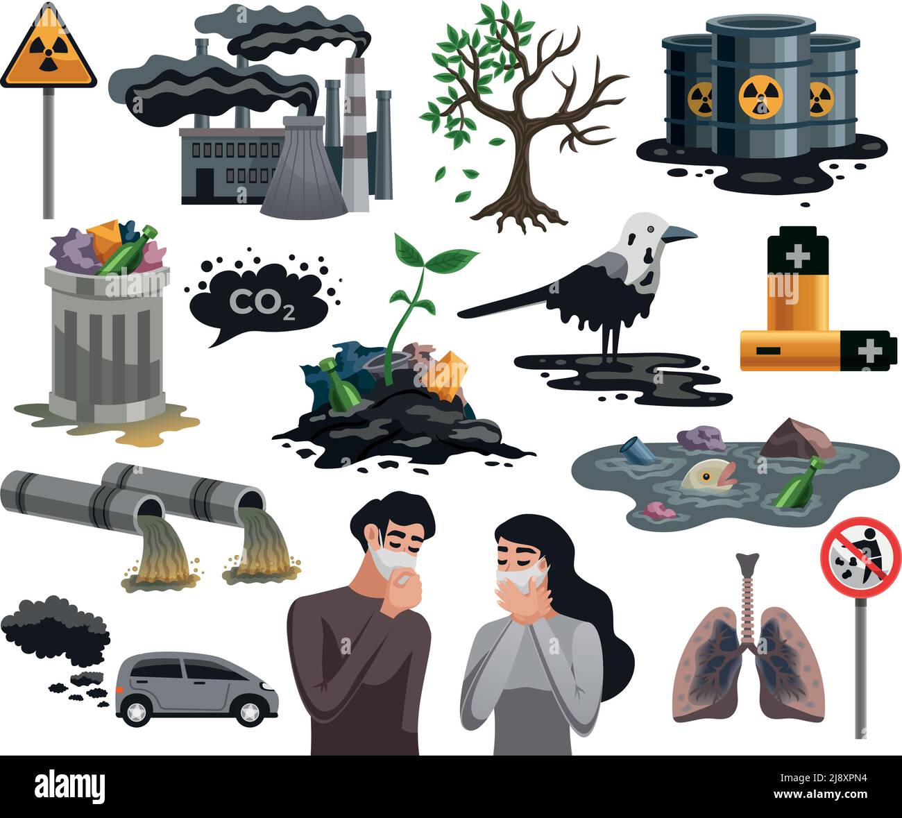 Ecological disasters flat images set with air water pollution hazardous ...