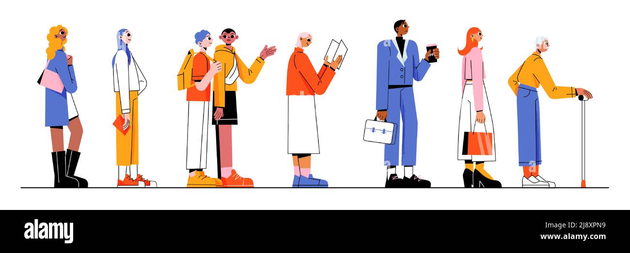Different people stand in queue. Vector flat illustration of side view of multiracial group patiently waiting in line. Queuing girls, businessman with coffee, boys and reading elder woman Stock Vector