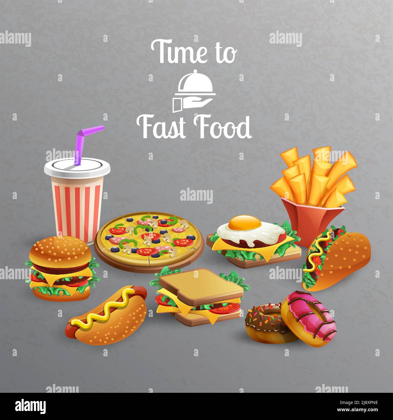 Fast food meal with burgers donuts sandwiches pizza french fries drink