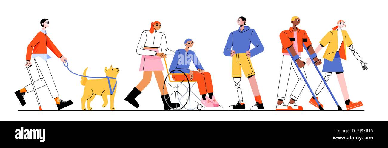 Group of multiracial people with different disabilities. Vector flat illustration of man in wheelchair, blind with guide dog, characters with prosthesis and person on crutches Stock Vector