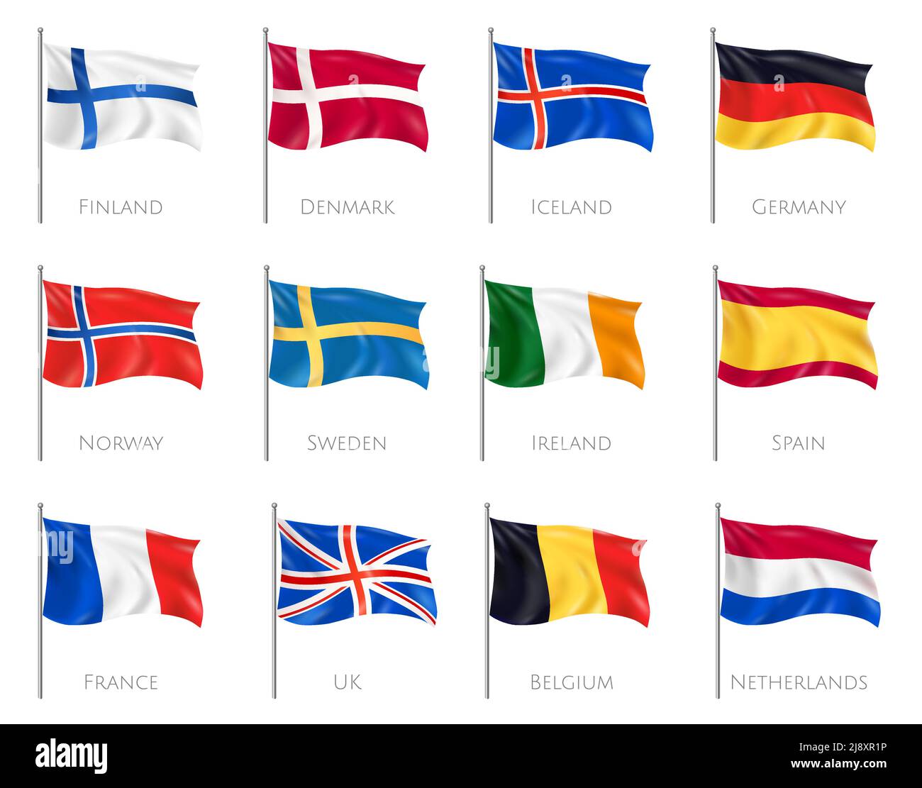 National flags set with Finland and Denmark realistic isolated vector illustration Stock Vector