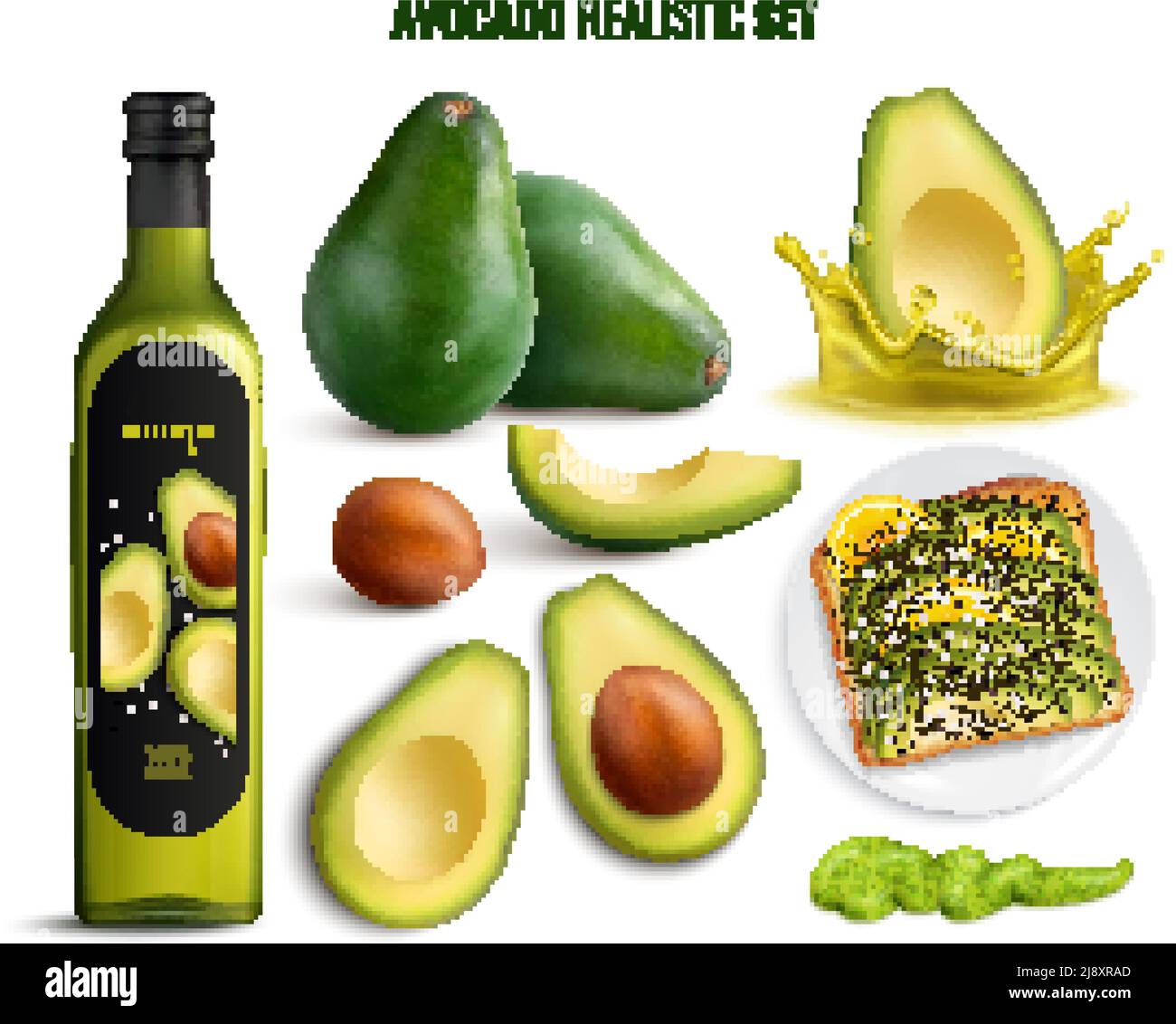 Realistic set with avocado fruit oil sandwich and guacamole icons isolated on white background vector illustration Stock Vector
