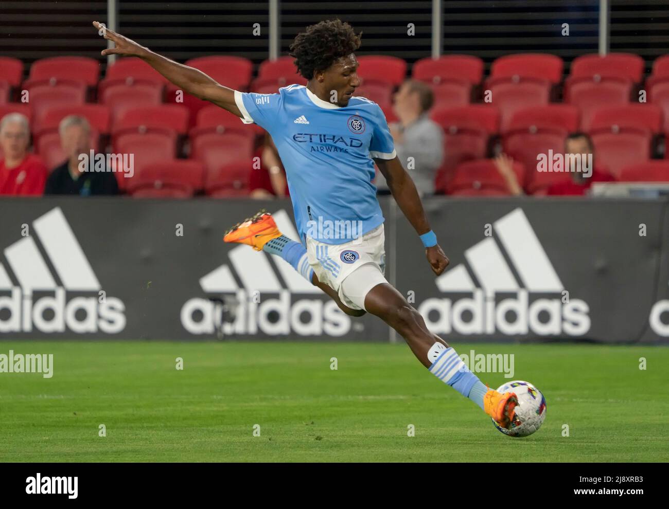 WASHINGTON, DC, USA - 18 MAY 2022: New York City forward Talles Magno (43)  winds up for a shot during a MLS match between DC United and New York City  FC, on