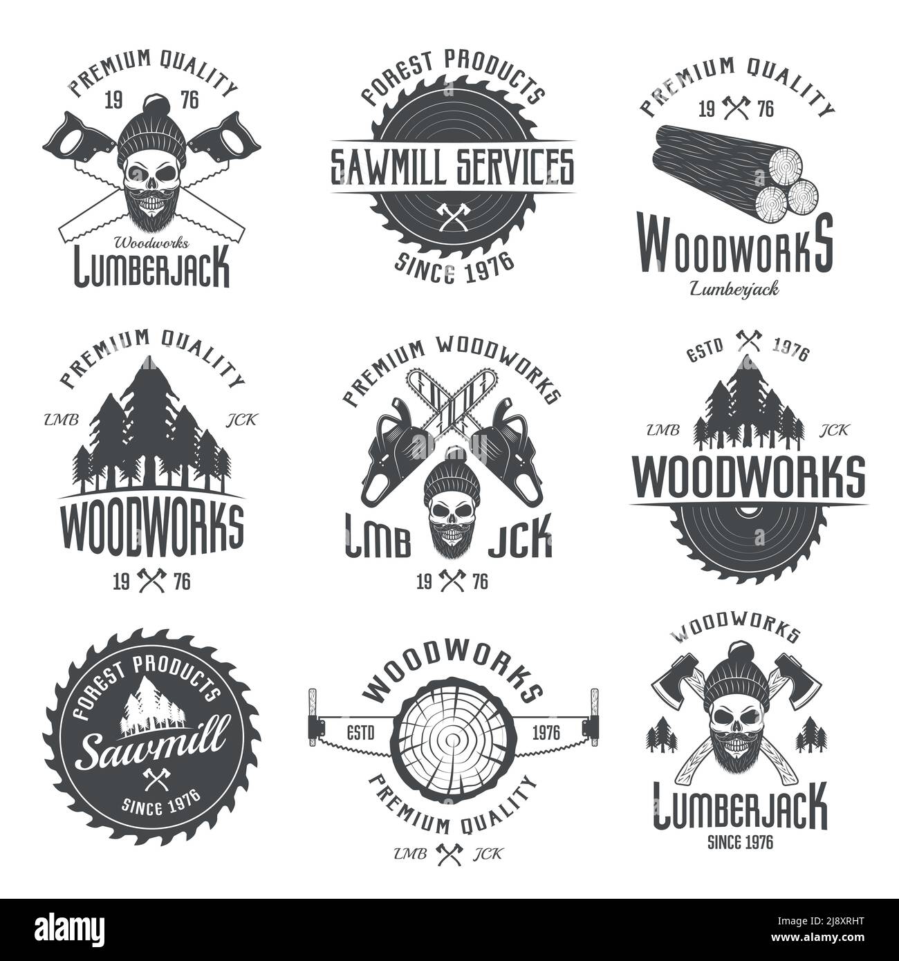 Lumberjack black white emblems with equipment forest products skull in hat with beard isolated vector illustration Stock Vector
