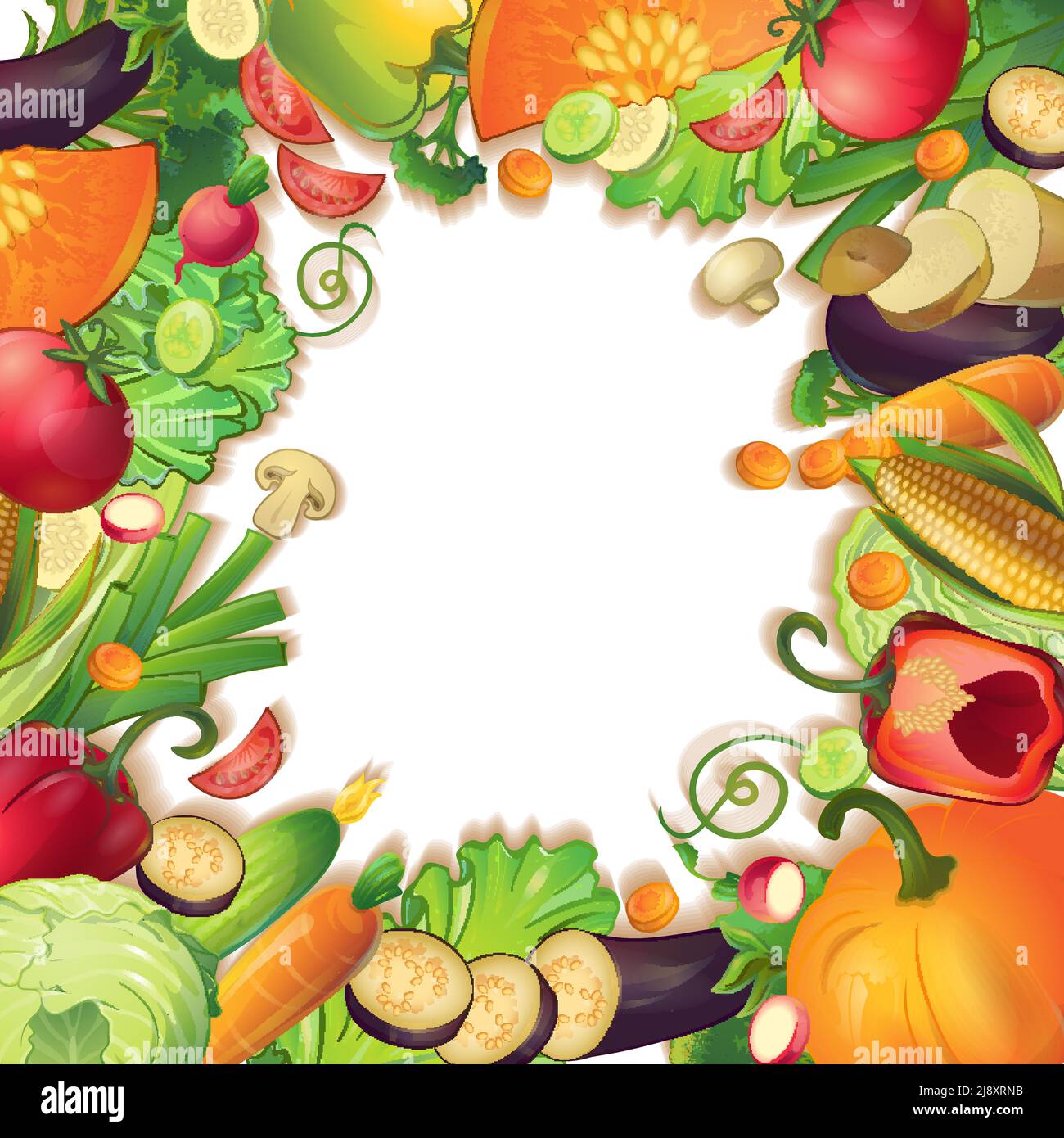 Isolated empty circle surrounded by realistic vegetable fruits and slices symbols conceptual composition on blank background vector illustration Stock Vector