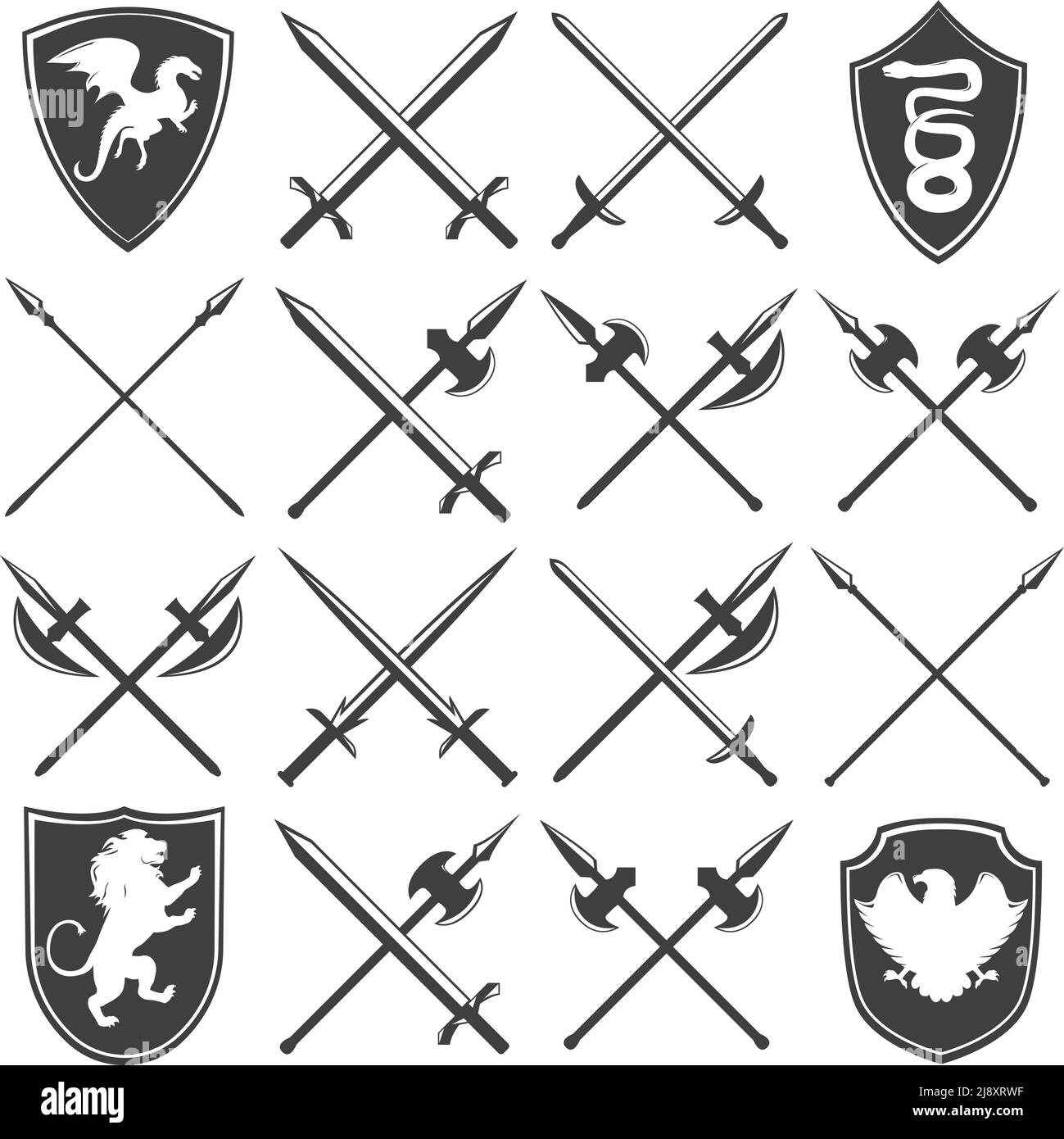 Heraldic armory graphic icons set with dragon lion eagle snake shields gothic swords lances isolated vector illustration Stock Vector