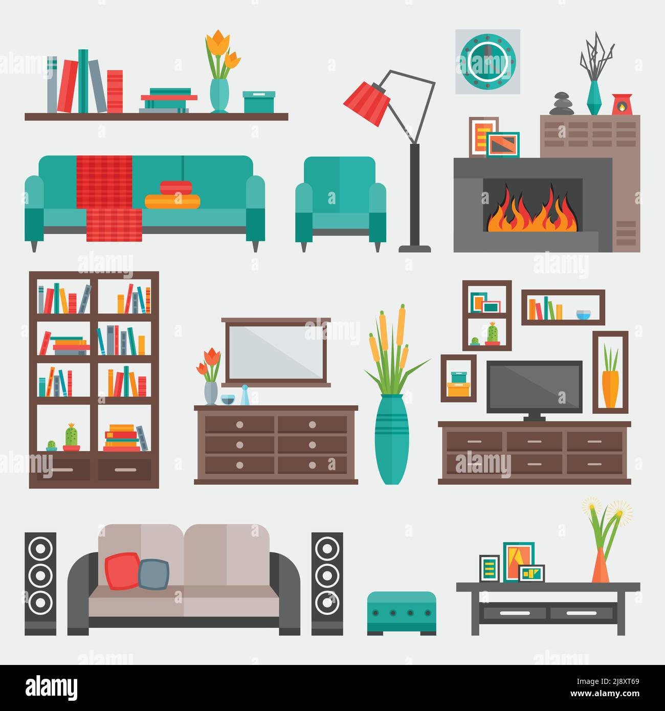 Flat furniture interior icon set at home in different room or apartment ...