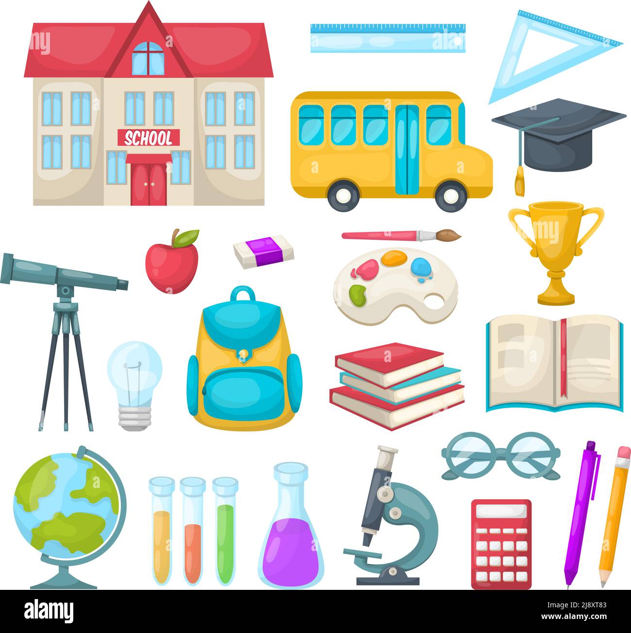 School icon set with school attributes and necessary to study tools ...