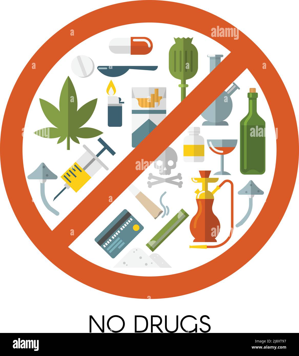 No drugs composition with isolated colored icon set red prohibition sign and title no drugs vector illustration Stock Vector