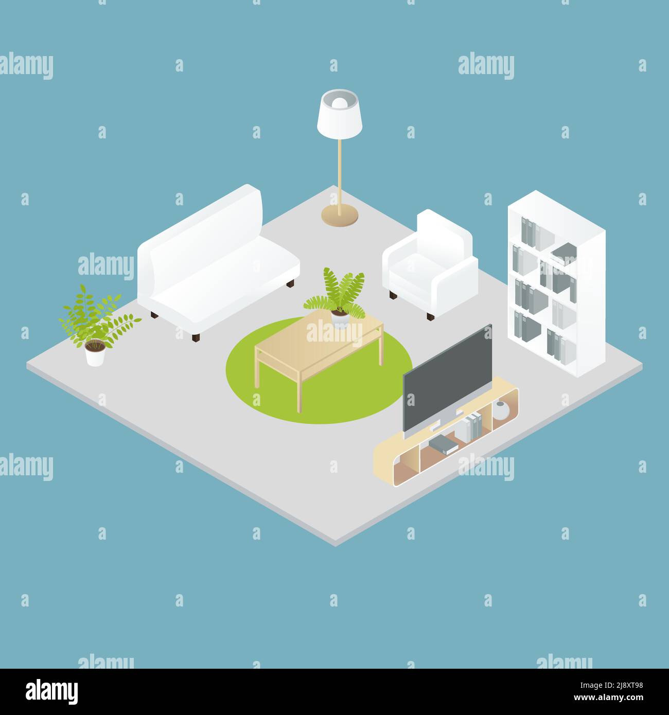 Isometric home interior design with soft furniture bookcase plant on ...