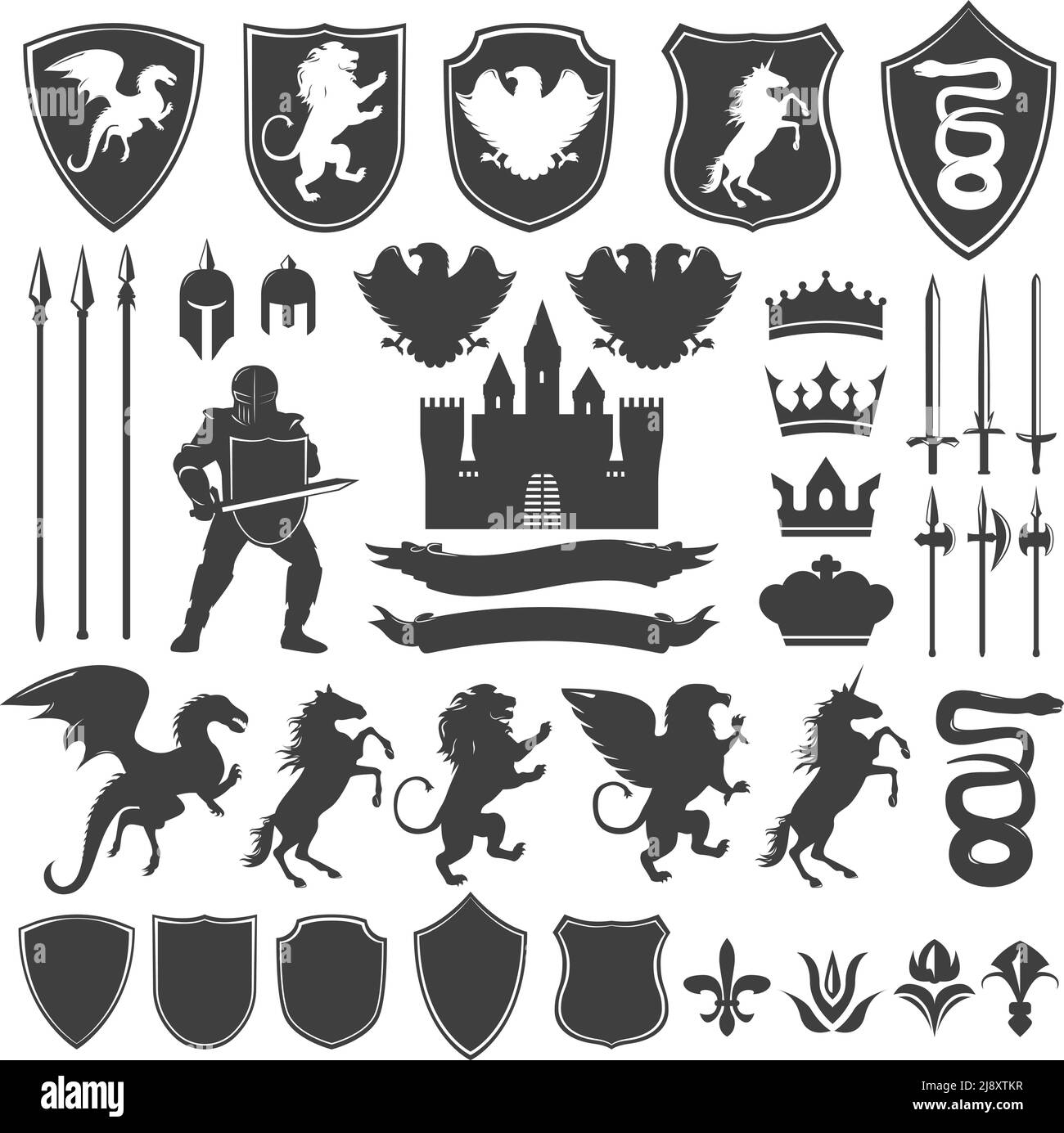 Heraldry decorative graphic icons set with medieval castle edged weapon shields flowers animals crowns isolated vector illustration Stock Vector