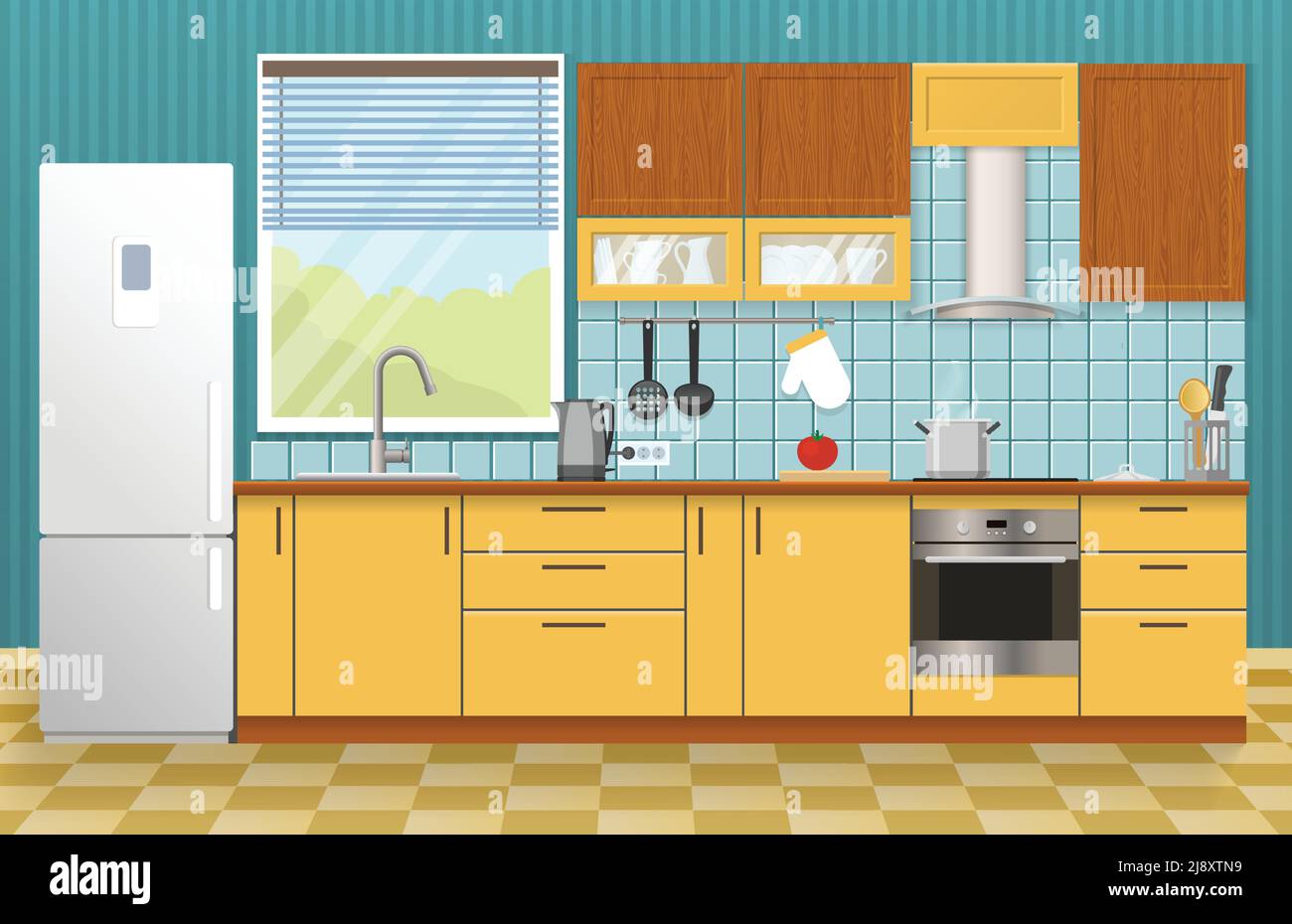 Kitchen interior concept with window yellow cupboards and cabinets blue textural wall and tiled floor vector illustration Stock Vector