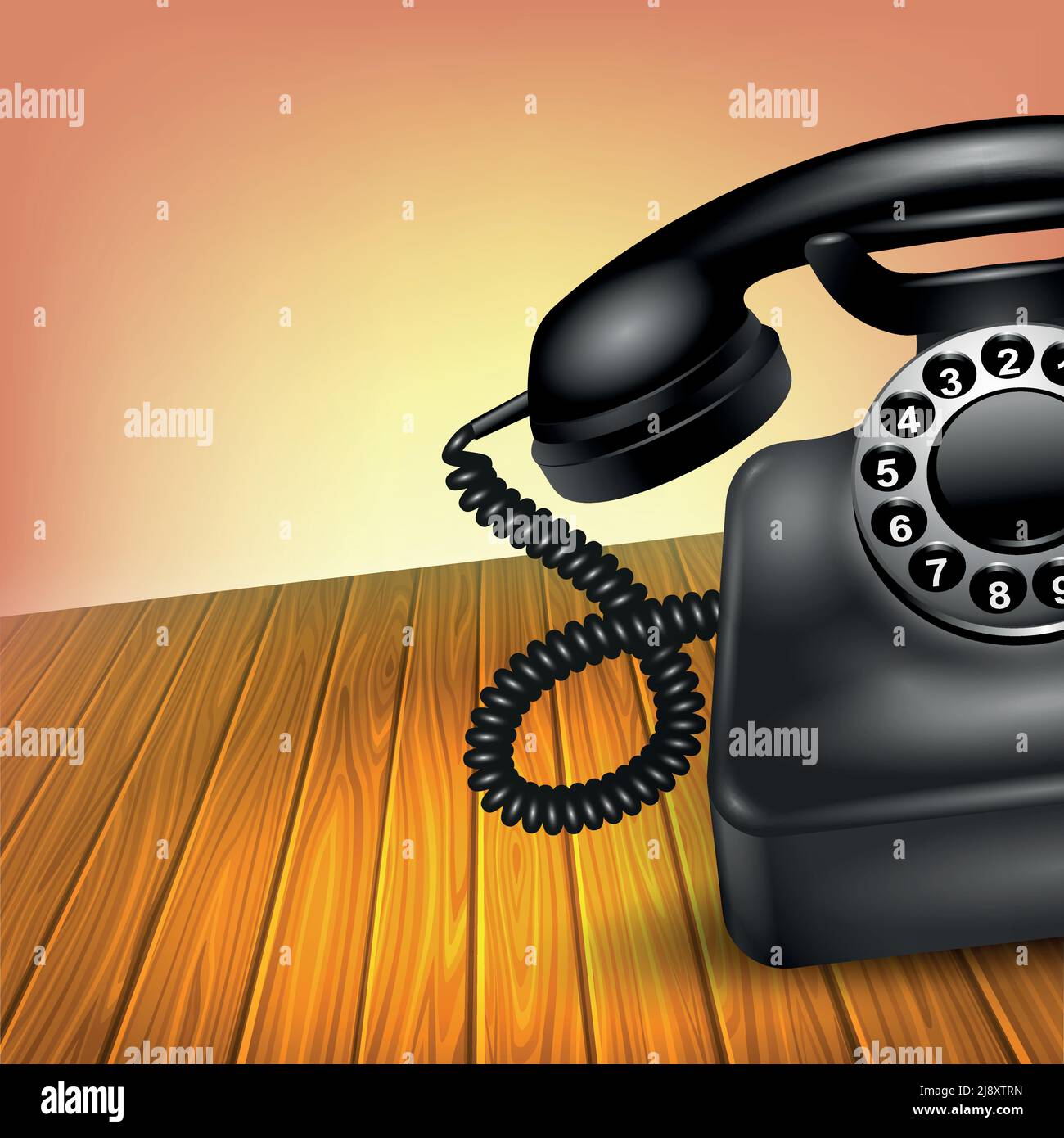 Old telephone concept realistic black half vintage dial phone on wooden