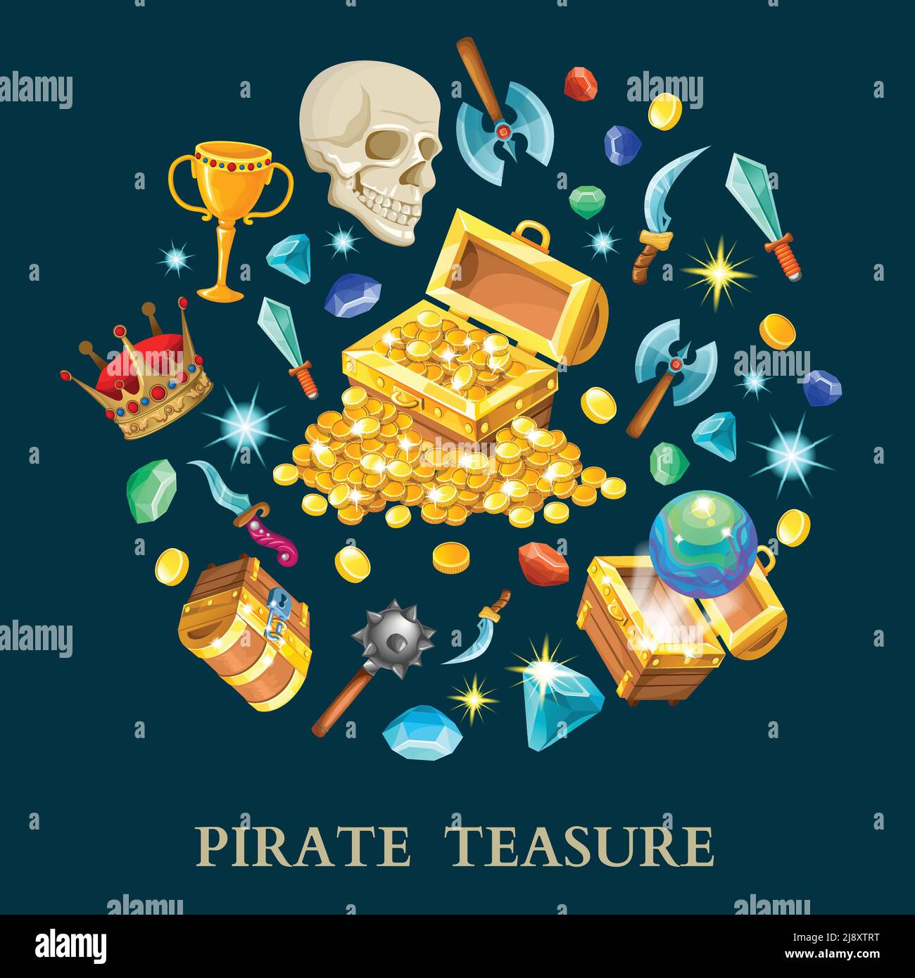 Pirate treasure isometric icons set with chest golden coins gems weapon on black background isolated vector illustration Stock Vector