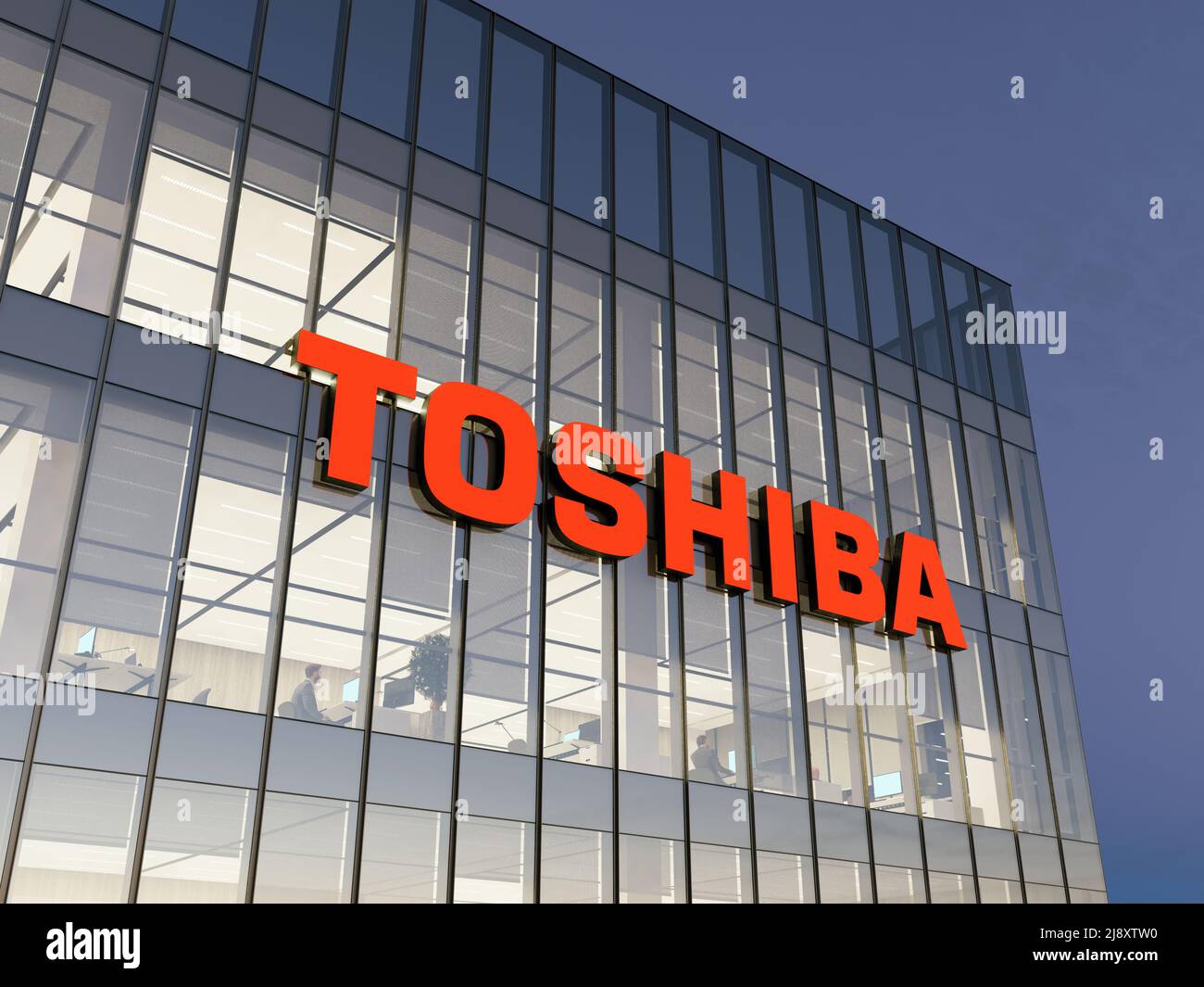 Minato City, Tokyo, Japan. May 2, 2022. Editorial Use Only, 3D CGI. Toshiba Signage Logo on Top of Glass Building. Multinational Consumer Electronics Stock Photo