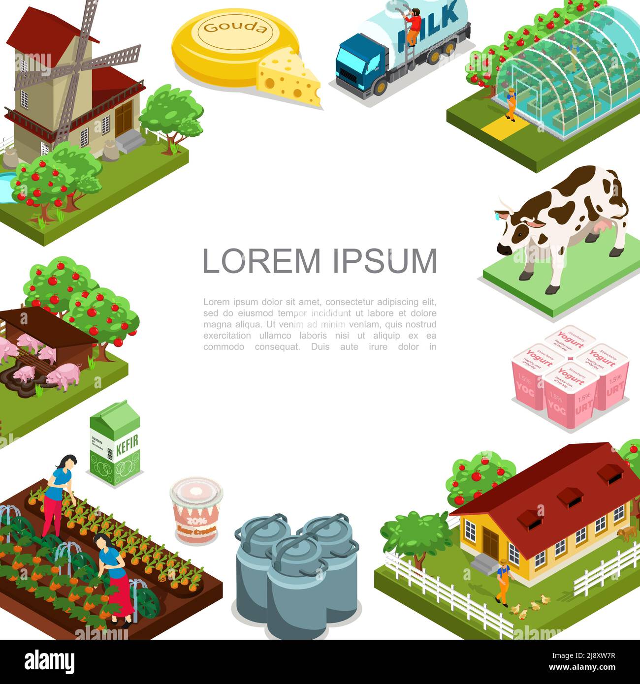 Isometric agriculture and farming template with windmill animals dairy products house apple trees milk truck women harvesting vegetables vector illust Stock Vector