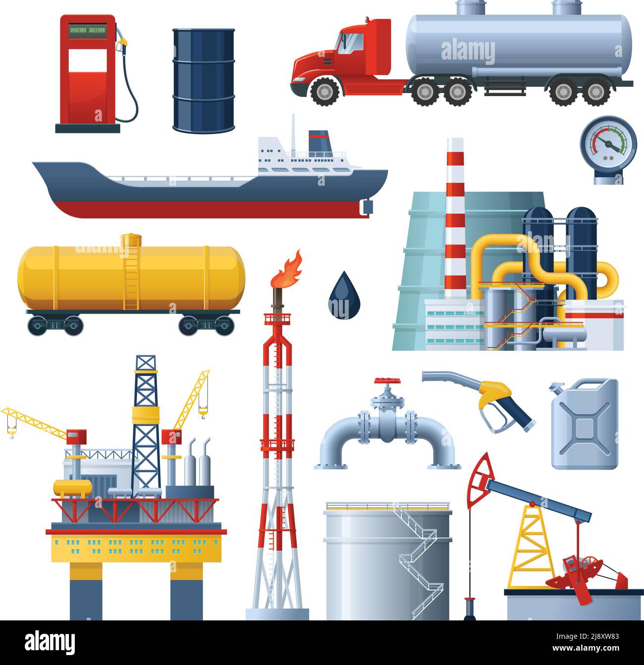 Oil industry isolated decorative icon set with transportation vehicles and factory module images on blank background vector illustration Stock Vector