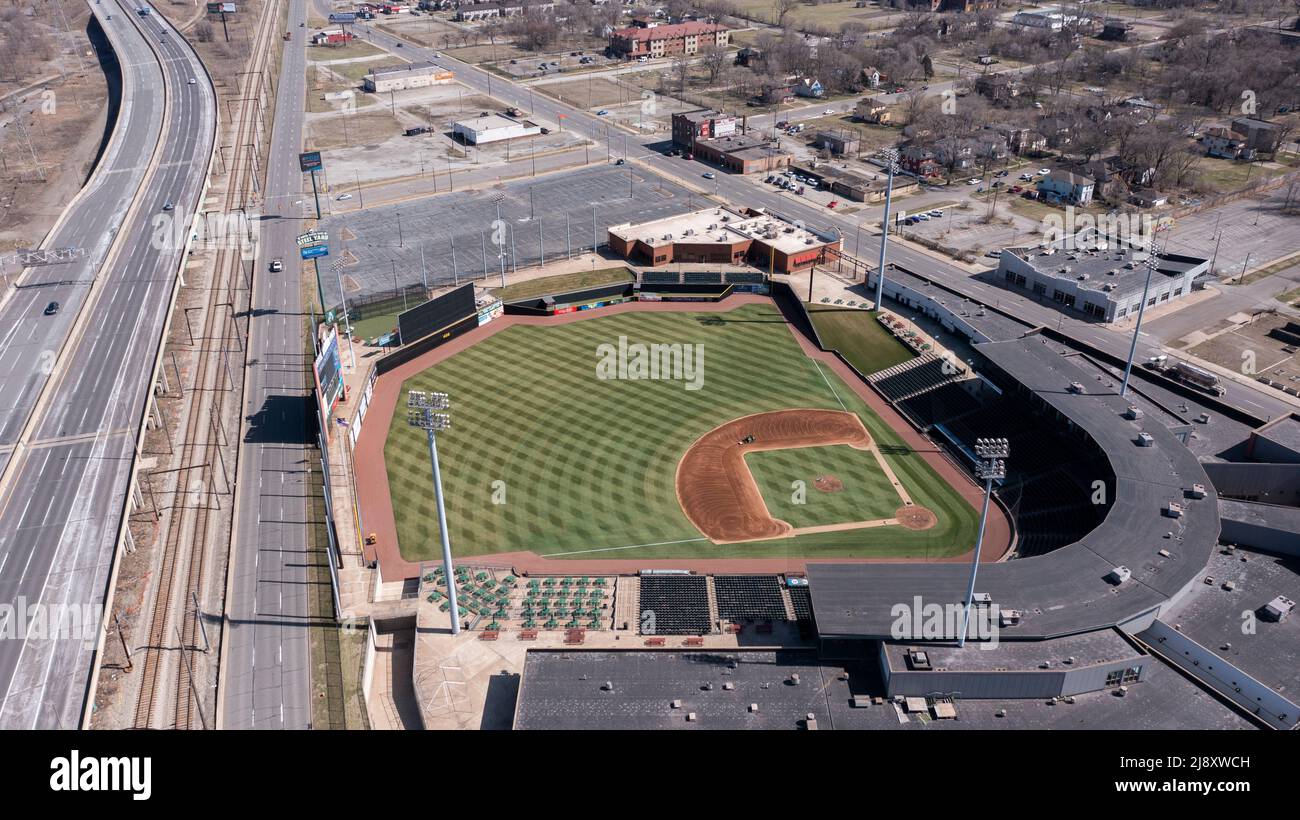 Gary, Indiana, USA - March 28, 2022: Afternoon light shines on the Gary SouthShore RailCats U.S. Steel Yard stadium. Stock Photo