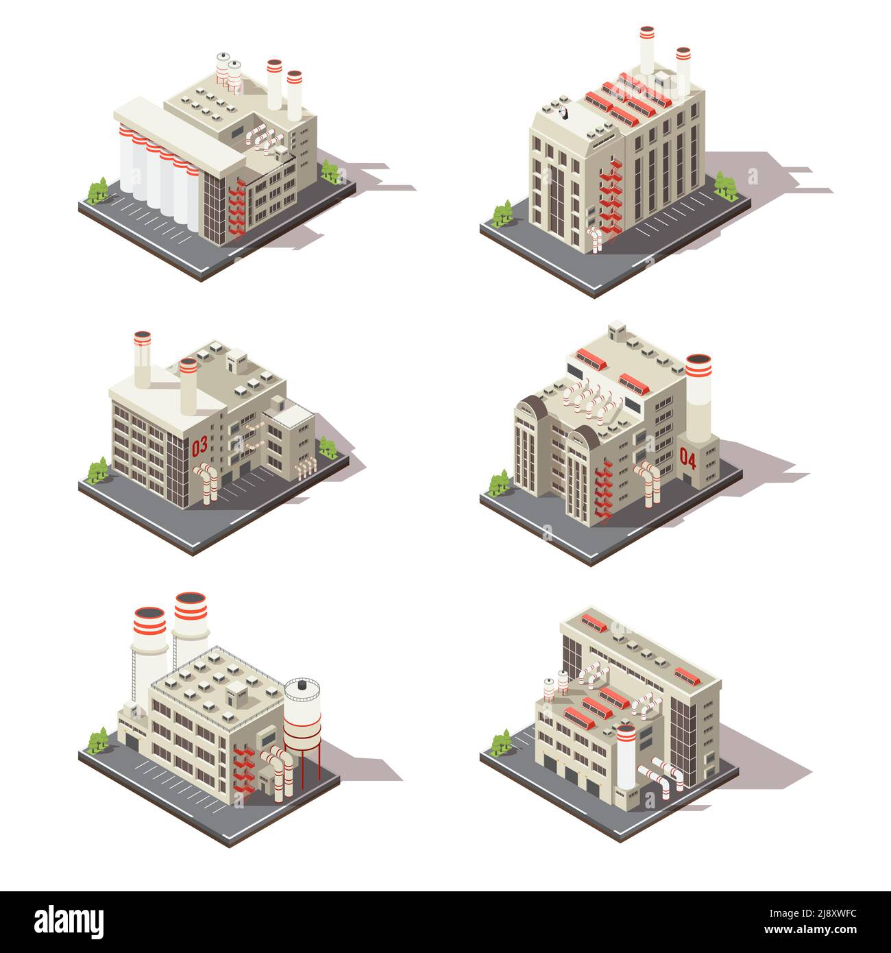 Colored isolated 3d isometric factory icon set with industrial building in city vector illustration Stock Vector