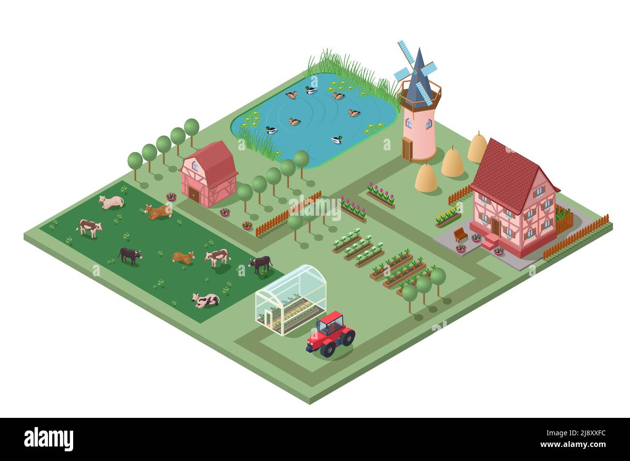 Isometric agricultural farming concept with buildings garden vegetables ...