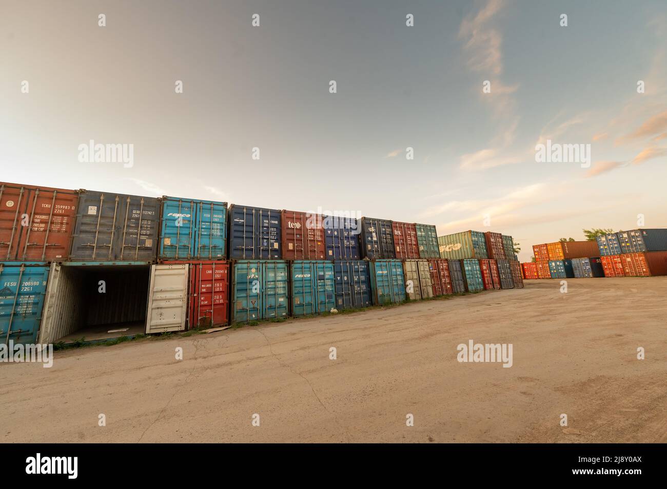 Warehouse of freight containers. Metal boxes loaded with each other in ...