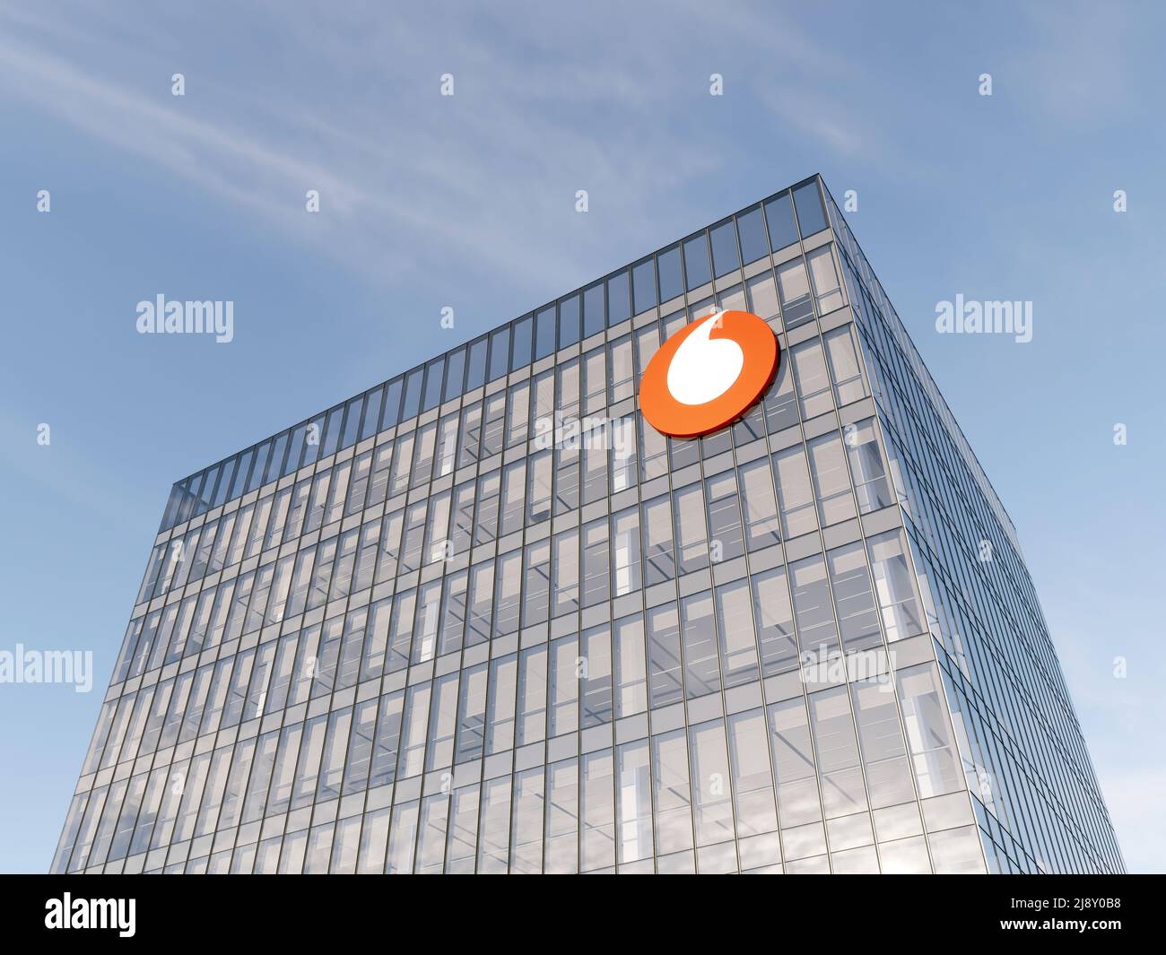 Berkshire, United Kingdom. May 2, 2022. Editorial Use Only, 3D CGI. Vodafone Group Signage Logo on Top of Glass Building. Multinational Mobile Carrier Stock Photo