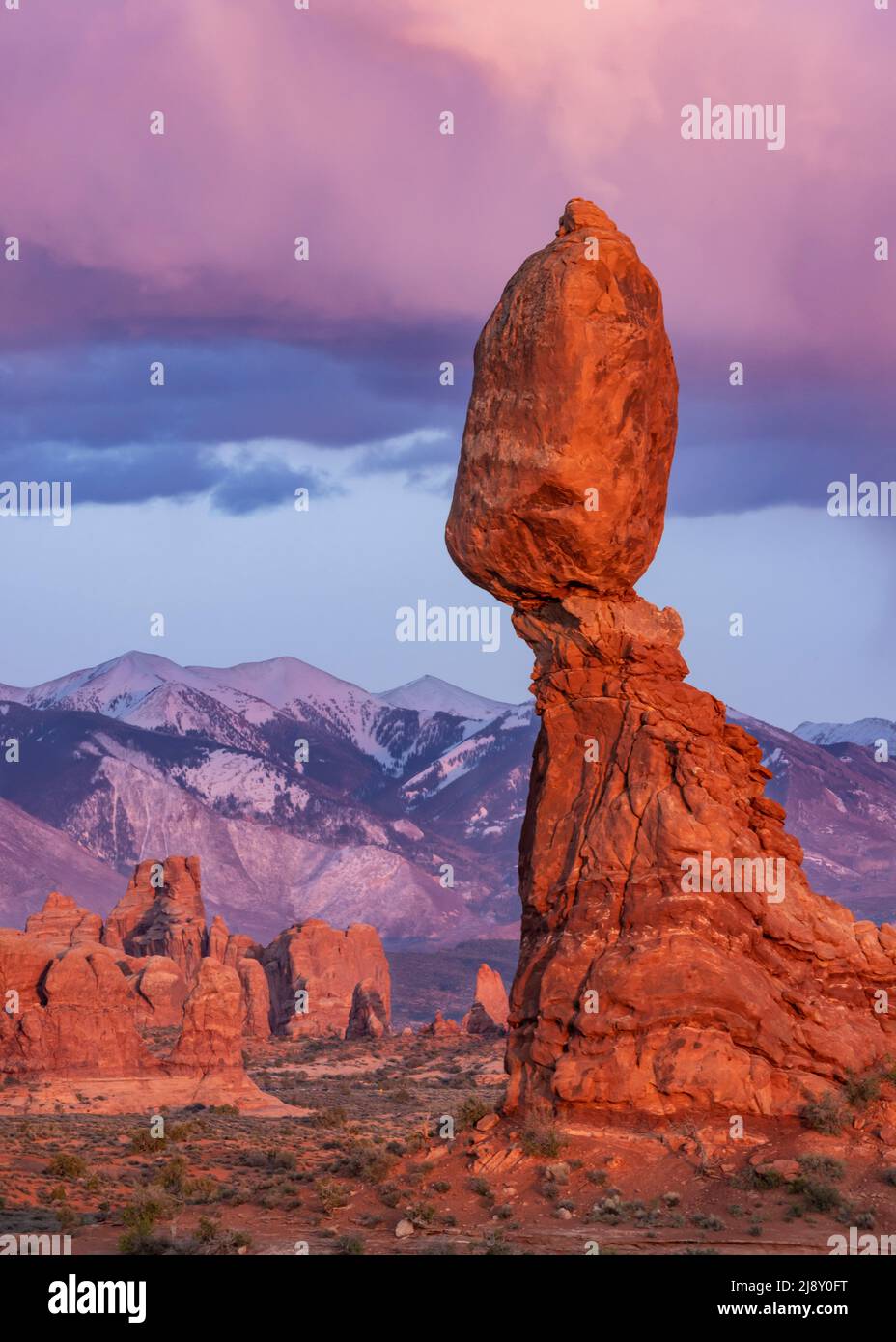 The last of the golden hour light hits balanced rock with the purple La Sal Mountains in the distance, in Arches National Park, Moab, Utah. Stock Photo