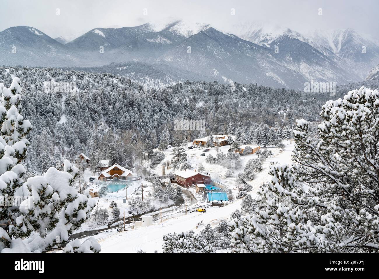Mt. Princeton Hot Springs resort nestled in a snowy valley in Nathrop