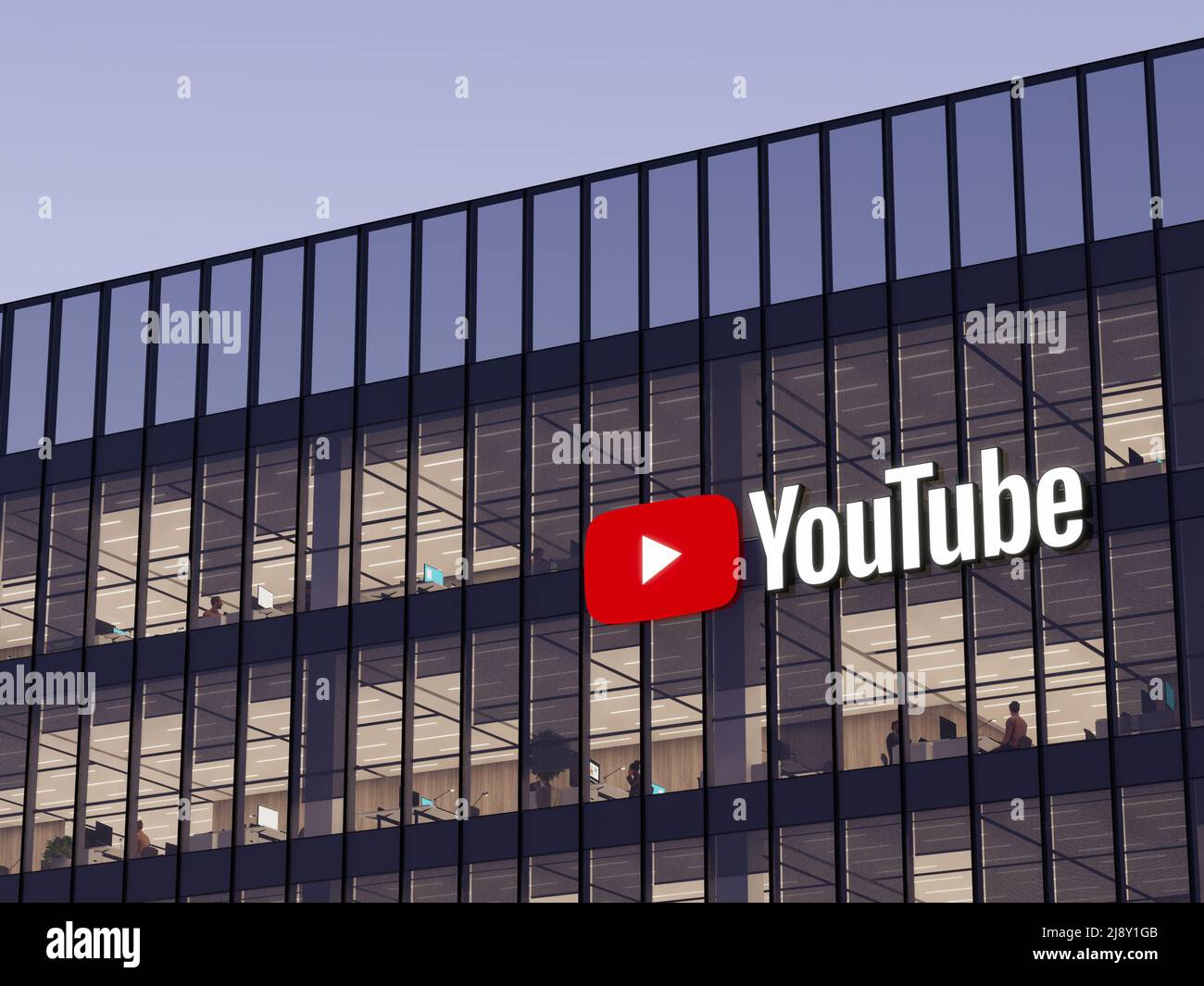 San Bruno, CA, USA. May 2, 2022. Editorial Use Only, 3D CGI. YouTube Signage Logo on Top of Glass Building. Workplace Video Sharing Company Office Hea Stock Photo