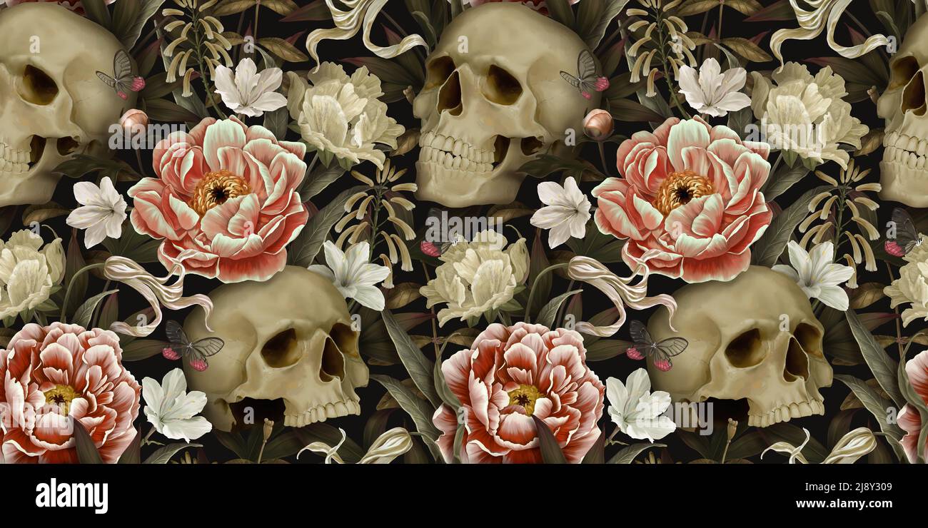 Vintage floral seamless wallpaper with skulls, peonies, butterflies. Dark  botanical background. Repeating pattern for design of fabric, paper,  wallpap Stock Photo - Alamy