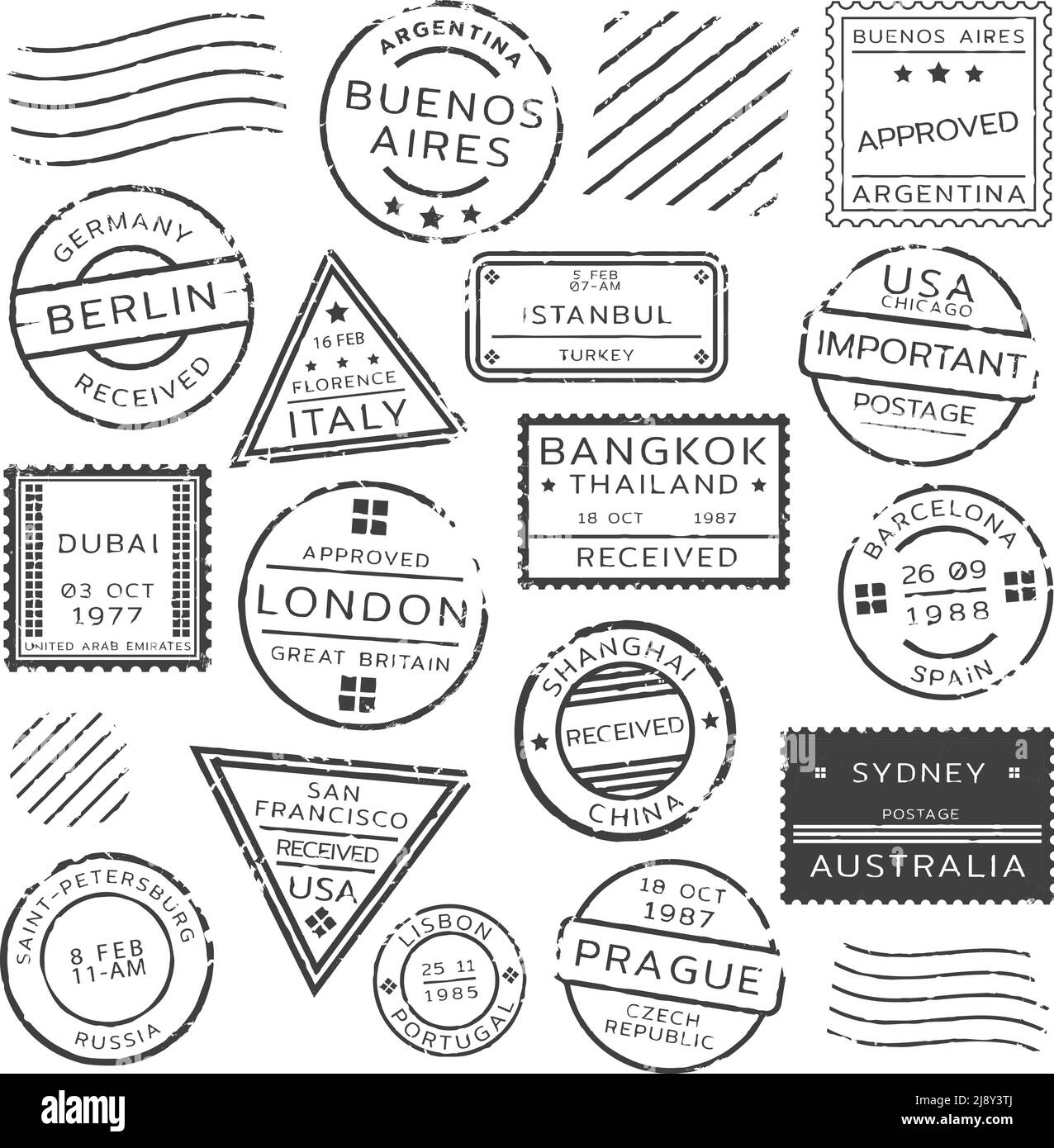 Monochrome retro postage stamps set of various shapes from different