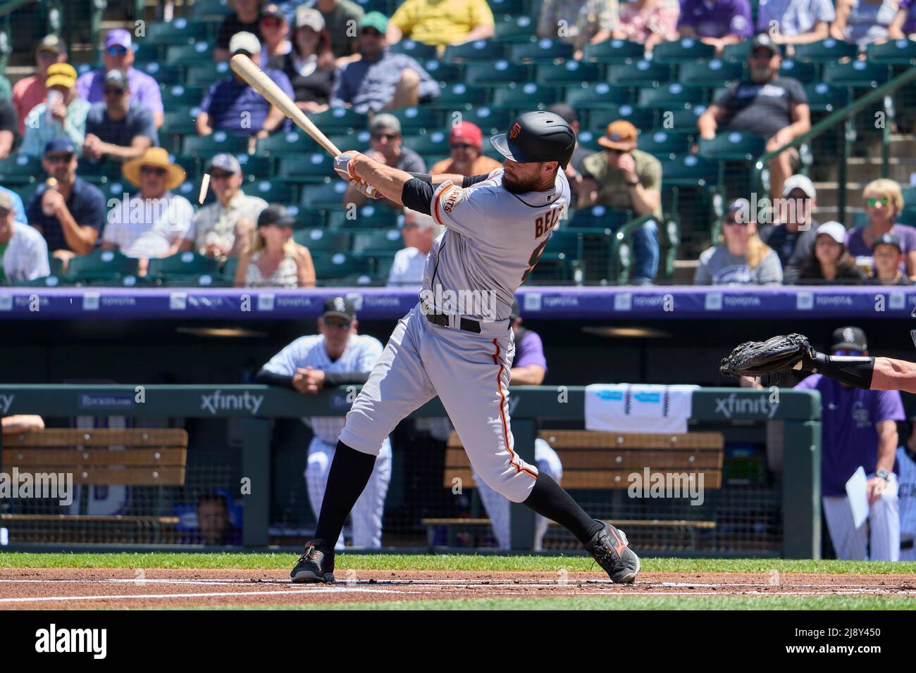 May 22 2022: New York left fielder Mark Canha (19) gets a hit during the  game with New York Mets and Colorado Rockies held at Coors Field in Denver  Co. David Seelig/Cal