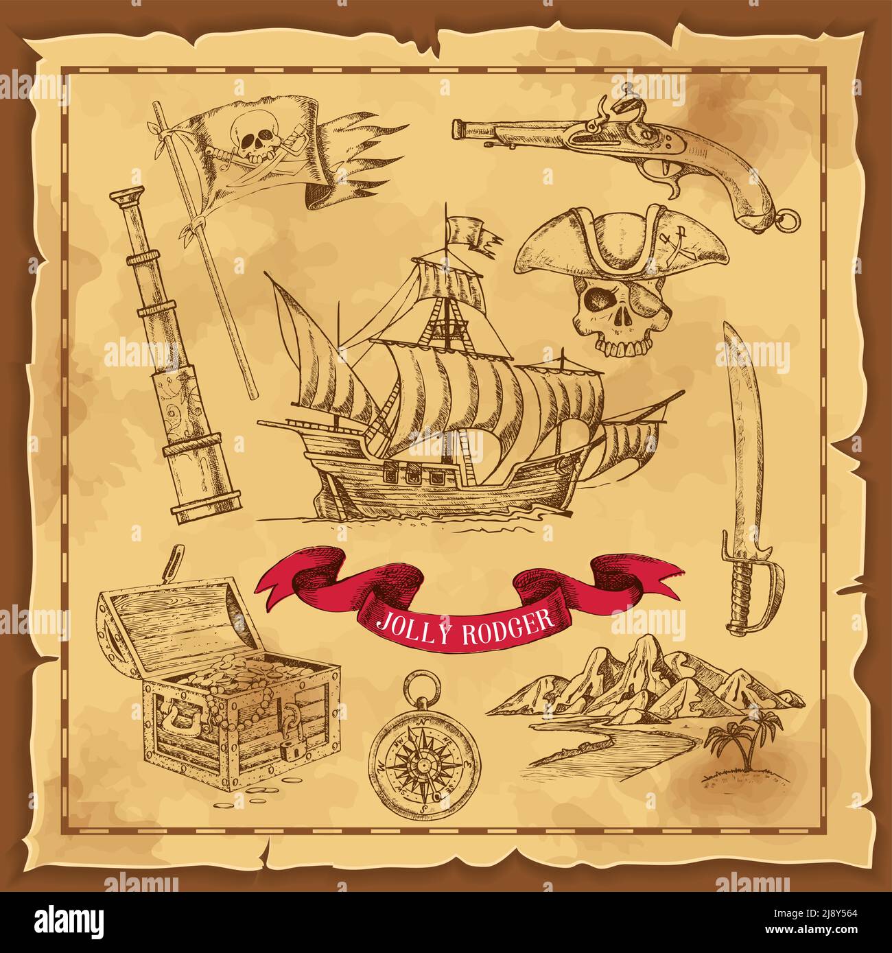 Pirate elements hand drawn concept with treasure chest and weapon on ...