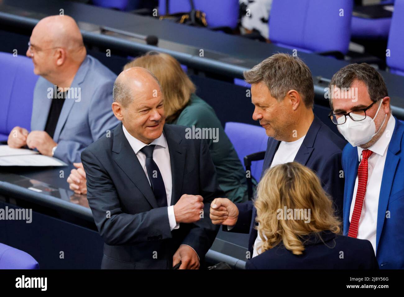 German Chancellor Olaf Scholz and German Economy and Climate Minister Robert Habeck attend a session of Germany's lower house of parliament, the Bundestag, in Berlin, Germany, May 19, 2022. REUTERS/Hannibal Hanschke Stock Photo