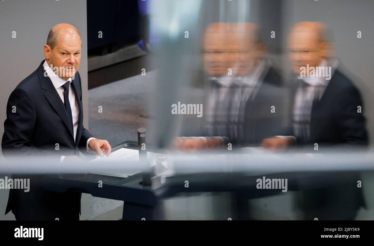 German Chancellor Olaf Scholz speaks during a session of Germany's lower house of parliament, the Bundestag, in Berlin, Germany, May 19, 2022. REUTERS/Hannibal Hanschke Stock Photo