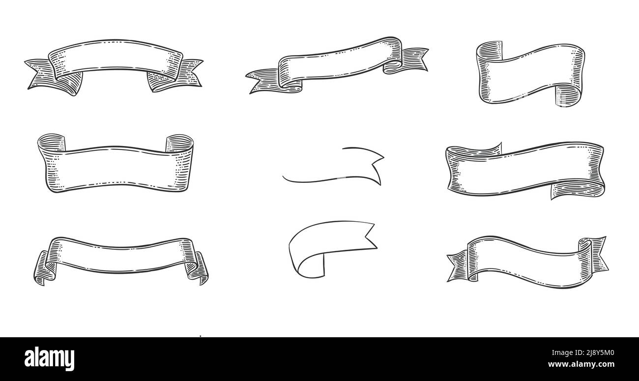 Engraving elegant ribbons set of different shapes and forms on white ...