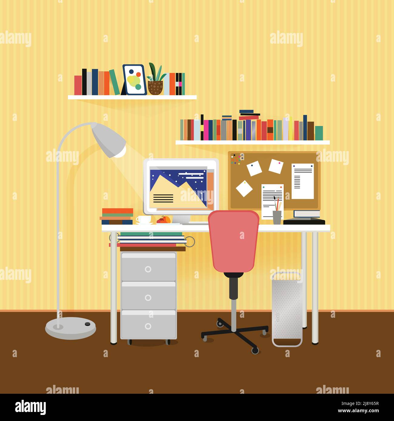 Flat designer workplace concept with furniture equipment tools stationery and striped light