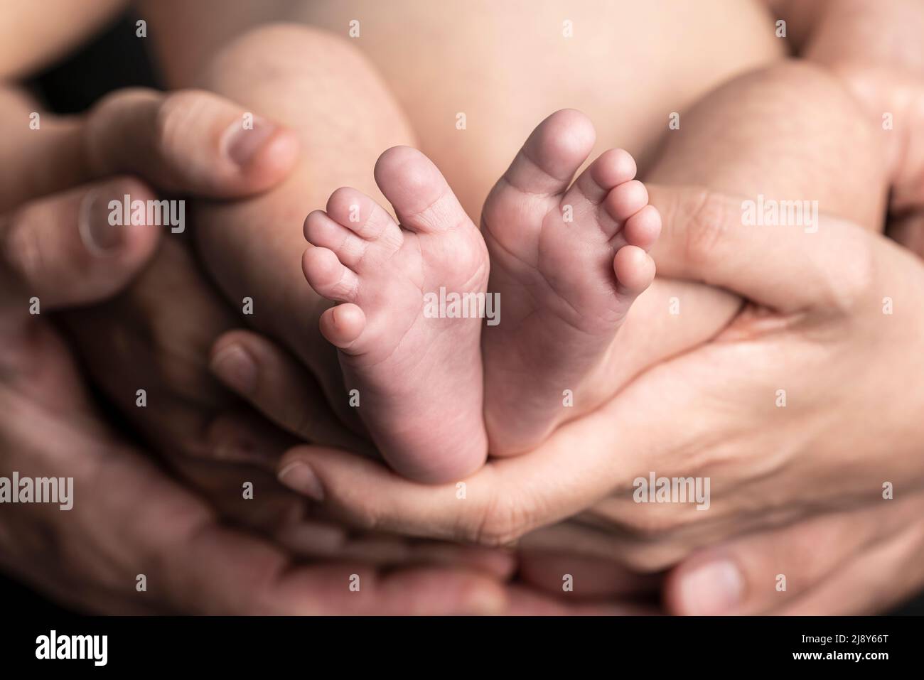Close up of a baby feet and the hands of his fathers Stock Photo