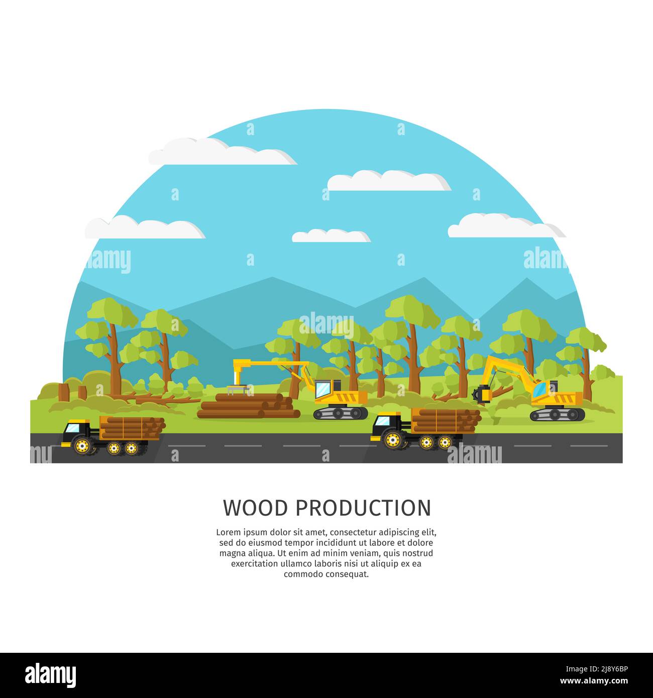 Industrial wood manufacturing template with vehicle and trees cutting ...