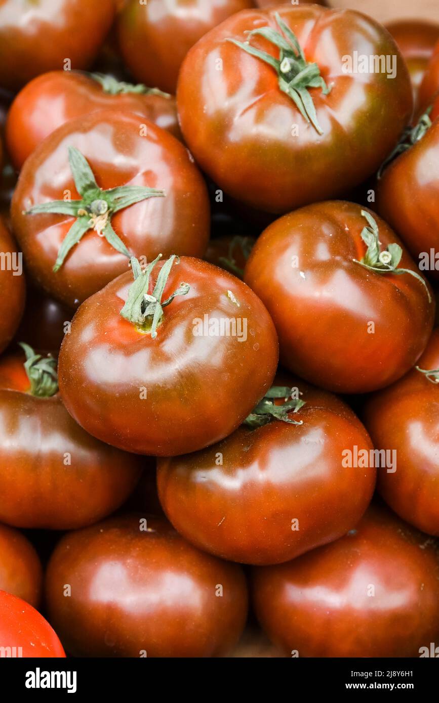 Tomatoes lying on a pile on top of each other, tomato texture. Selective focus. Stock Photo