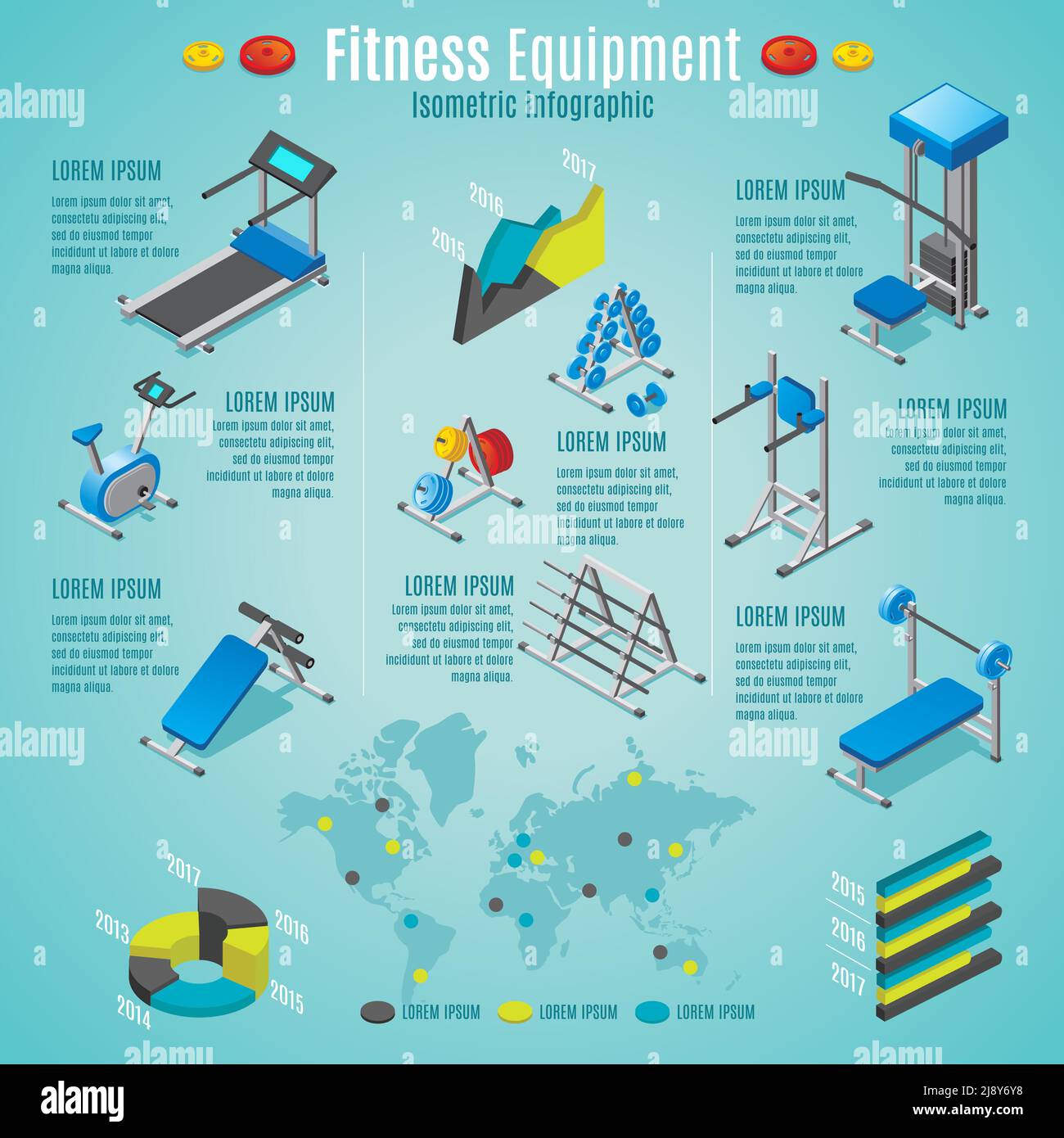 Isometric fitness equipment infographic template with treadmill