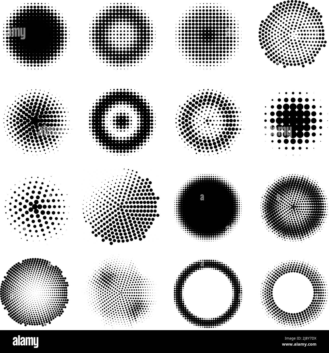 Monochrome halftone effects circles set with different dotted round shapes isolated vector illustration Stock Vector