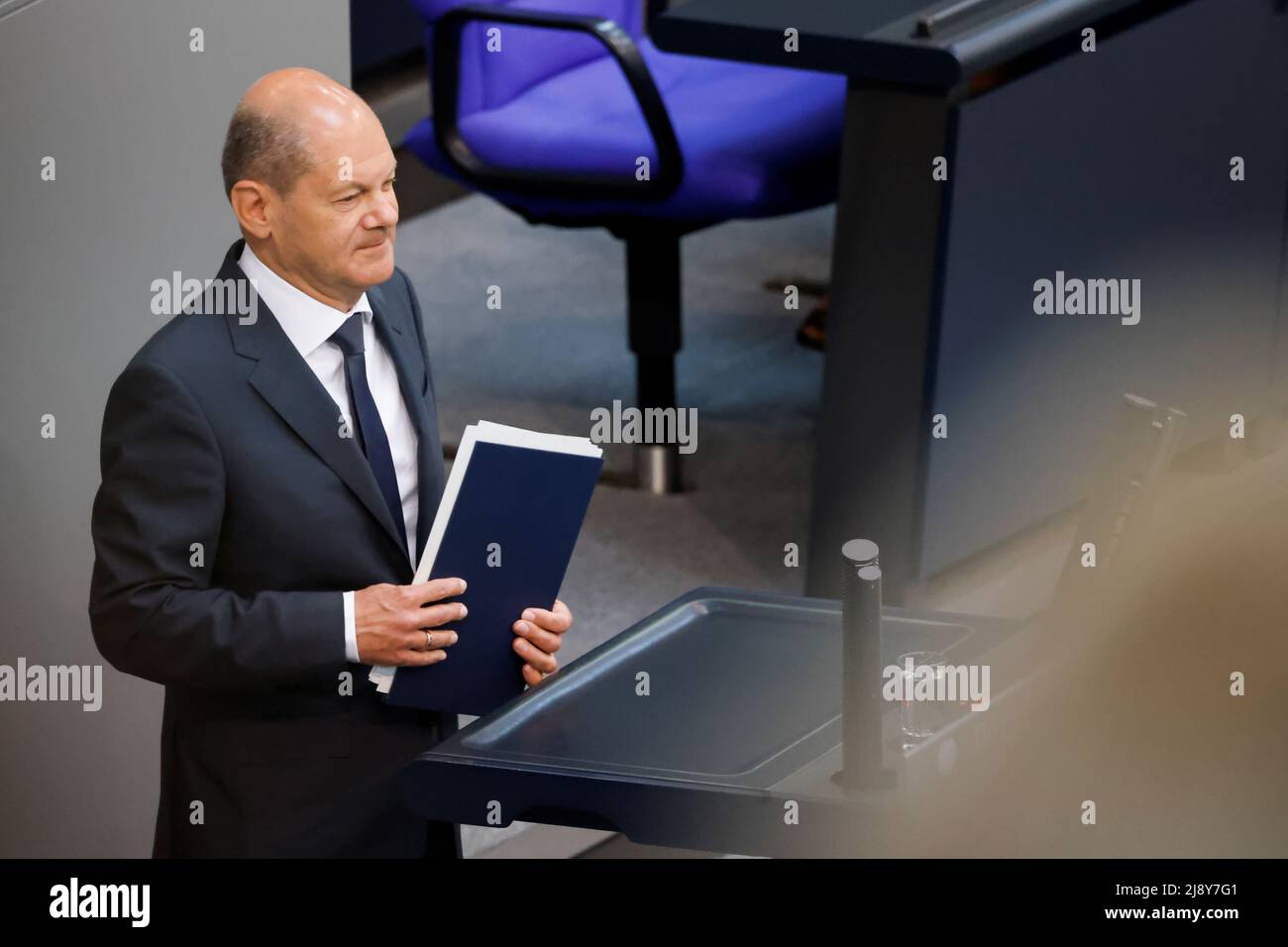 German Chancellor Olaf Scholz attends a session of Germany's lower house of parliament, the Bundestag, in Berlin, Germany, May 19, 2022. REUTERS/Hannibal Hanschke Stock Photo