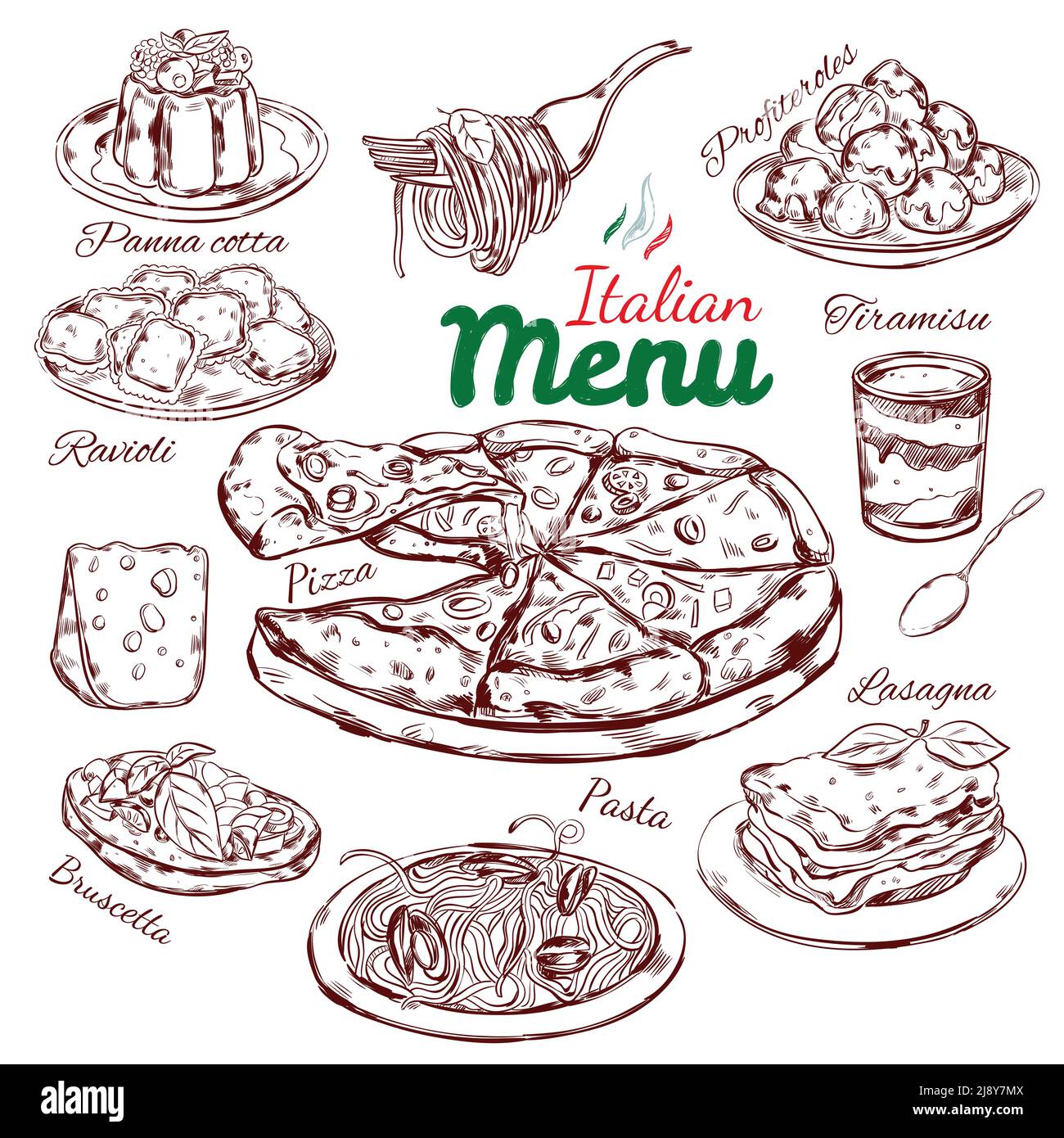 Italian food sketch collection with national traditional dishes meals and desserts isolated vector illustration Stock Vector