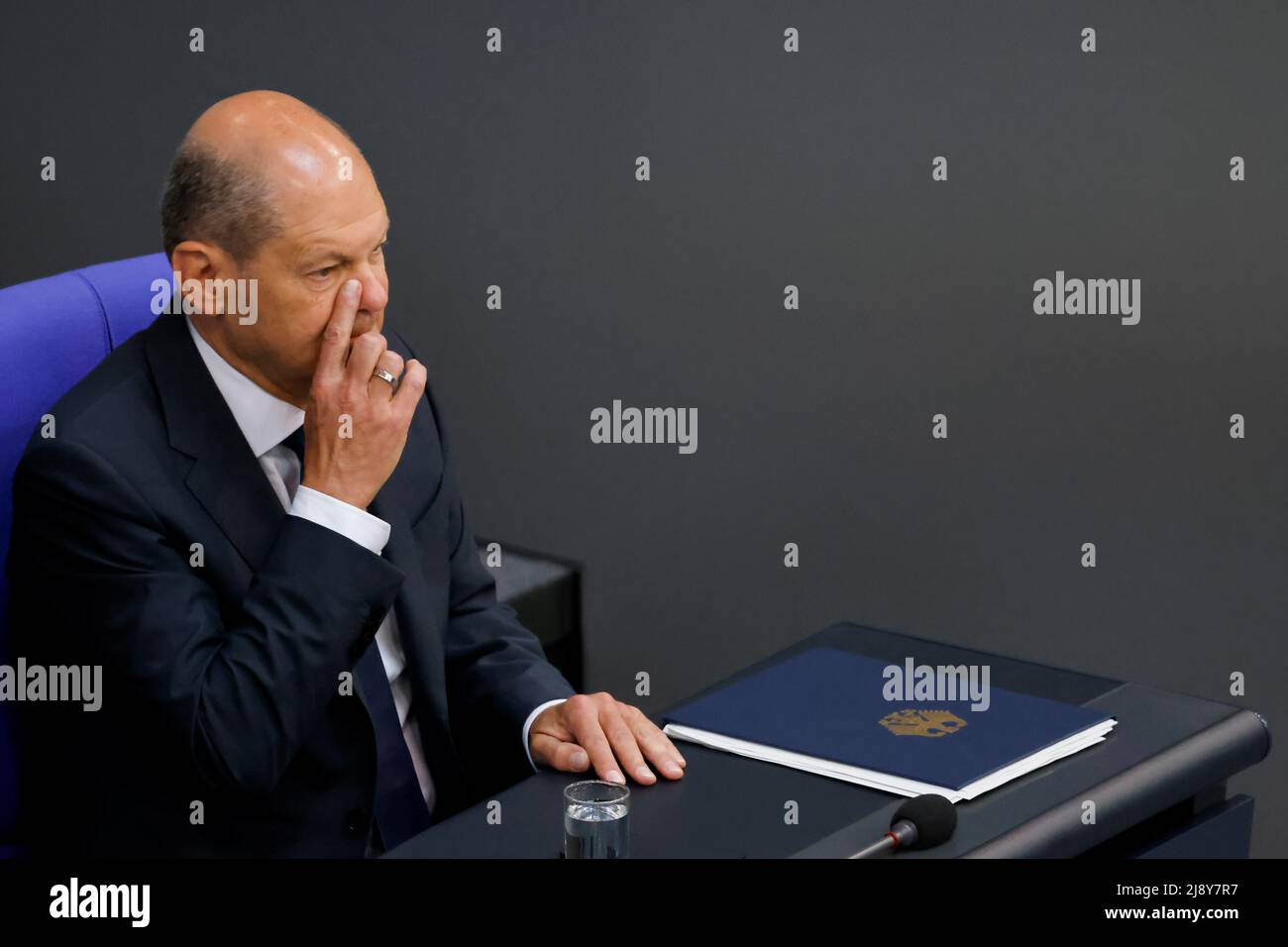 German Chancellor Olaf Scholz attends a session of Germany's lower house of parliament, the Bundestag, in Berlin, Germany, May 19, 2022. REUTERS/Hannibal Hanschke Stock Photo