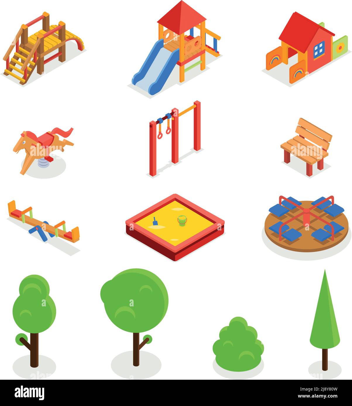 Kids isometric 3D playground. Icon set bench carousel slide, swing seesaw and sandbox, vector illustration Stock Vector