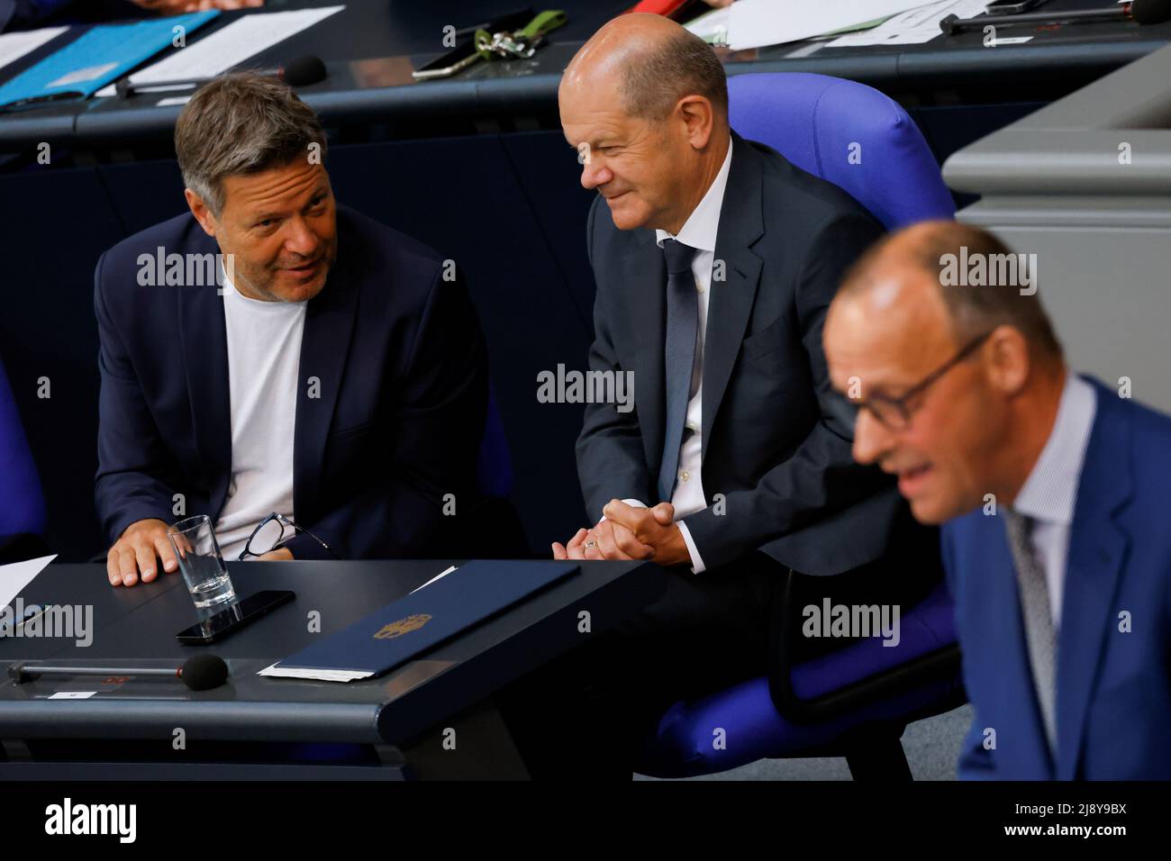 Leader of Germany's Christian Democratic Union (CDU) Friedrich Merz speaks as German Chancellor Olaf Scholz and German Economy and Climate Minister Robert Habeck discuss during a session of Germany's lower house of parliament, the Bundestag, in Berlin, Germany, May 19, 2022. REUTERS/Hannibal Hanschke Stock Photo