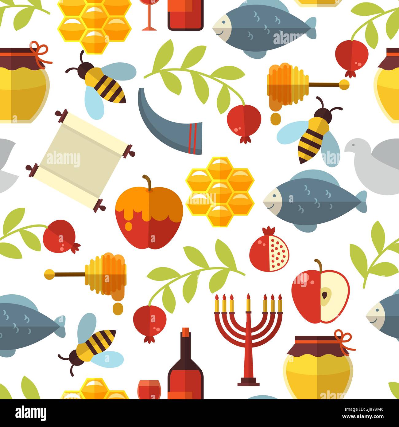 Jewish New Year Rosh Hashanah seamless pattern with honey, fish and ...